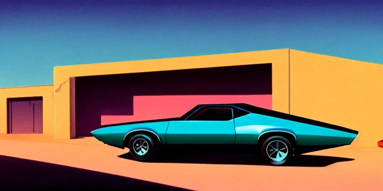 Image similar to a cinematic matte painting of a sleek 1 9 7 0 s vaporwave concept retro - futurism sci - fi muscle car in an open cluttered garage in the american southwest, view from the street. cactus. by eric lafforgue, glennray tutor and edward hopper, greg rutkowski. trending on artstation.