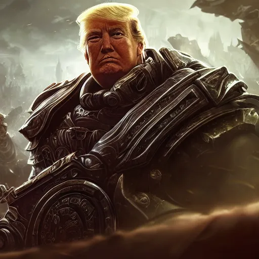 Image similar to Portrait of Trump, League of Legends amazing splashscreen artwork, Gears of War, splash art,natural light, elegant, intricate, fantasy, detailed face, atmospheric lighting, by Greg rutkowski, league of legends splash art, hd wallpaper, ultra high details