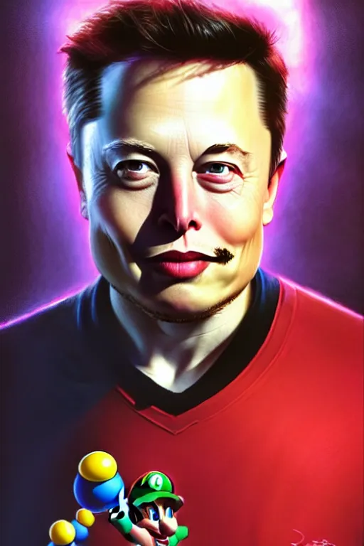 Prompt: elon musk as mario from mario bros, realistic portrait, symmetrical, highly detailed, digital painting, artstation, concept art, smooth, sharp focus, illustration, cinematic lighting, art by artgerm and greg rutkowski and alphonse mucha