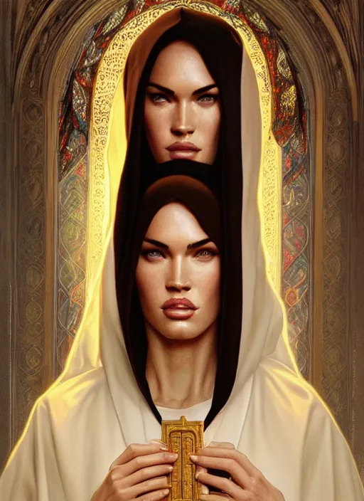 Image similar to portrait of megan fox as a sultry nun, catholic, church, bible, christian, intricate, headshot, highly detailed, digital painting, artstation, concept art, sharp focus, cinematic lighting, illustration, art by artgerm and greg rutkowski, alphonse mucha, cgsociety