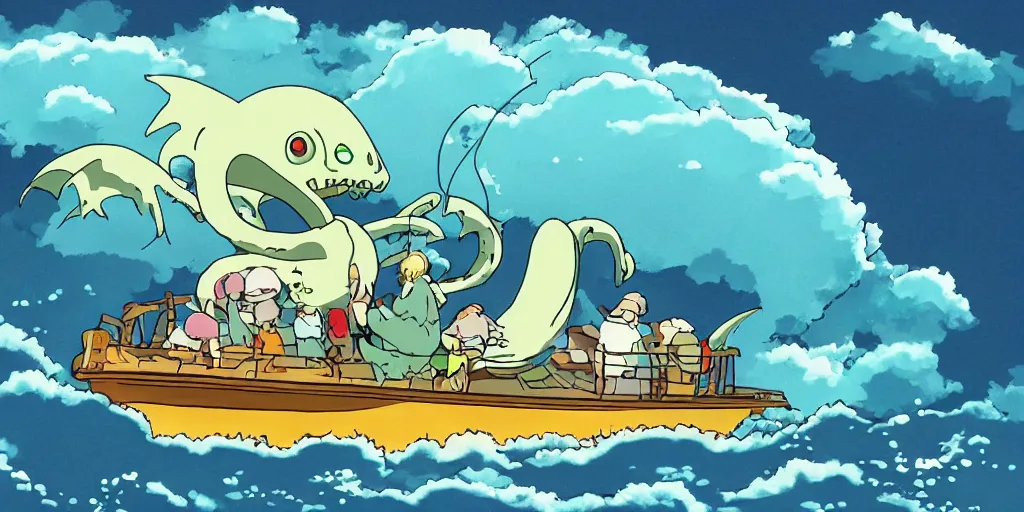 Image similar to Studio Ghibli image of a cute sea monster on a boat wholesome animation sharp Bloom dramatic lightning very sunny