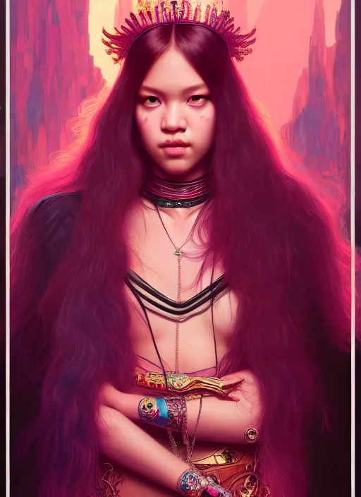 Prompt: jossi of blackpink, queen, tarot card, highly detailed, digital painting, smooth, sharp focus, illustration, ultra realistic, unreal engine, 8 k, art by simon bisley and greg rutkowski and alphonse mucha