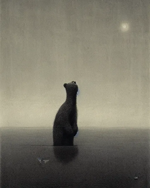 Image similar to giant terrifying bear god above a honey pond, scary, foreboding, mysterious minimalistic, by beksinski