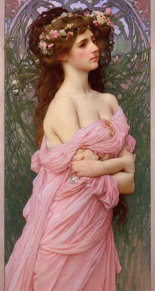 Prompt: beautiful girl in an pink wedding dress, symmetrical full body portrait by Donato Giancola, Alphonse Mucha, Artgerm and William Bouguereau, digital art, fine art with subtle redshift rendering