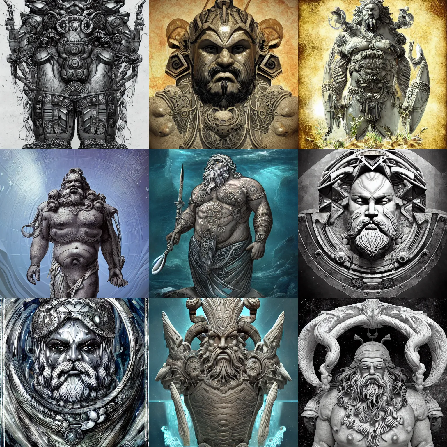 Prompt: fat greek god poseidon with white beard in ancient alien flora and fauna ocean sci-fi armor with ancient square geometric decor, giger style, stylized, highly detailed, trending on artstation, award winning