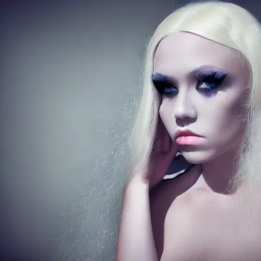 Prompt: modeling photograph kerli koiv as blind mag, blonde, beautiful, dark, mysterious, bubble goth, detailed symmetrical face, half body shot, fog dramatic, teen