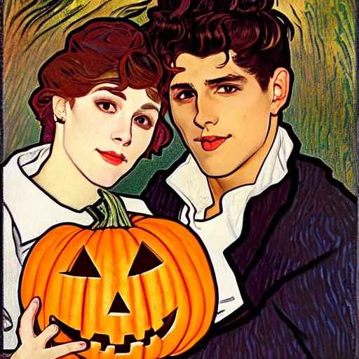 Image similar to painting of handsome young delicate beautiful jeffrey in his 2 0 s with brown hair and gorgeous rina together at the jack o'lantern halloween party holding pumpkins, elegant, clear, painting, stylized, art, art by alphonse mucha, vincent van gogh, egon schiele,