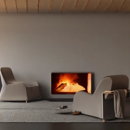 Image similar to two armchairs sitting in front of a cosy fireplace, modern home design interior, octane render, hyperrealistic, concrete archetecture, vray, volumetric lighting, cinema 4 d, unreal engine
