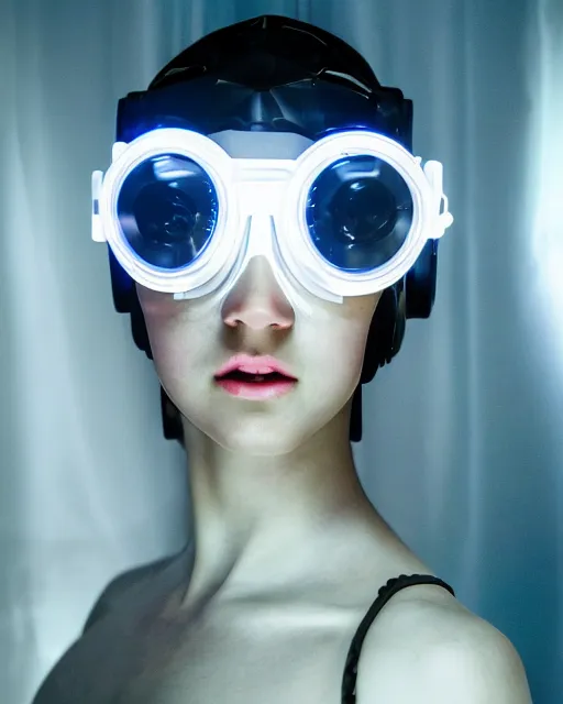 Image similar to centered portrait photo by bouguereau of female dancer as a cyberpunk mecha humanoid robotic parts wearing goggles with led lights, inside white room, ultra - realistic and detailed, long exposure, soft focus, hdr 8 k