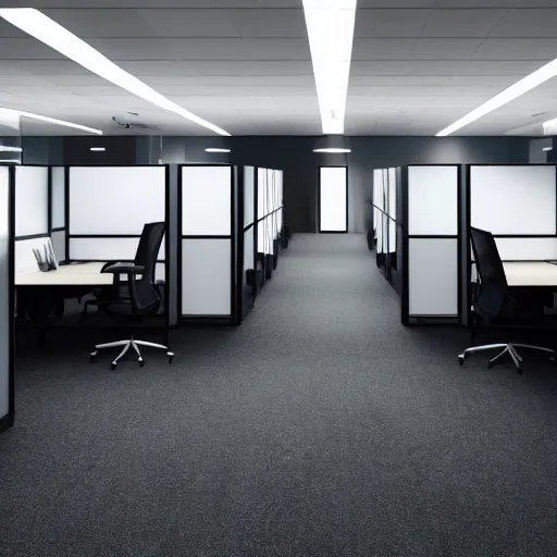 Image similar to HD photo of an office full of cubicles. The scene is dark and foreboding. A thin layer of fog covers the floor. Dark shapes of office workers move in the background.