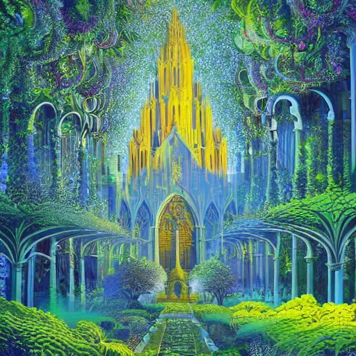 Prompt: a beautiful and highly detailed landscape painting of a cathedral in a beautiful garden in a mystical forest, psychedelic, intricate details, epic scale, insanely complex, 8 k, sharp focus, by eyvind earle