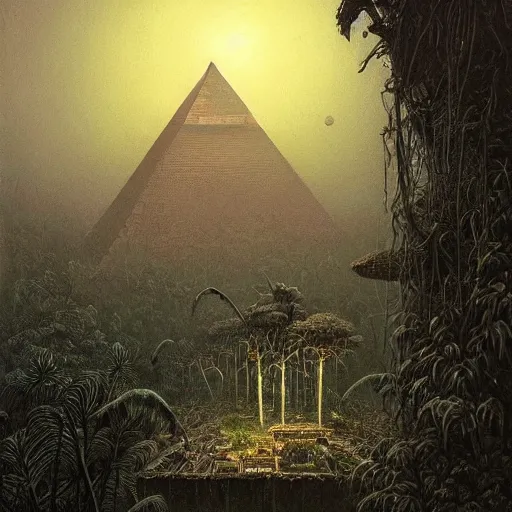 Image similar to a hyperrealistic painting of an overgrown derelict egyptian pyramid in the middle of an alien jungle, bioluminescent plants, by john kenn mortensen and zdzislaw beksinski, highly detailed, vivid color,