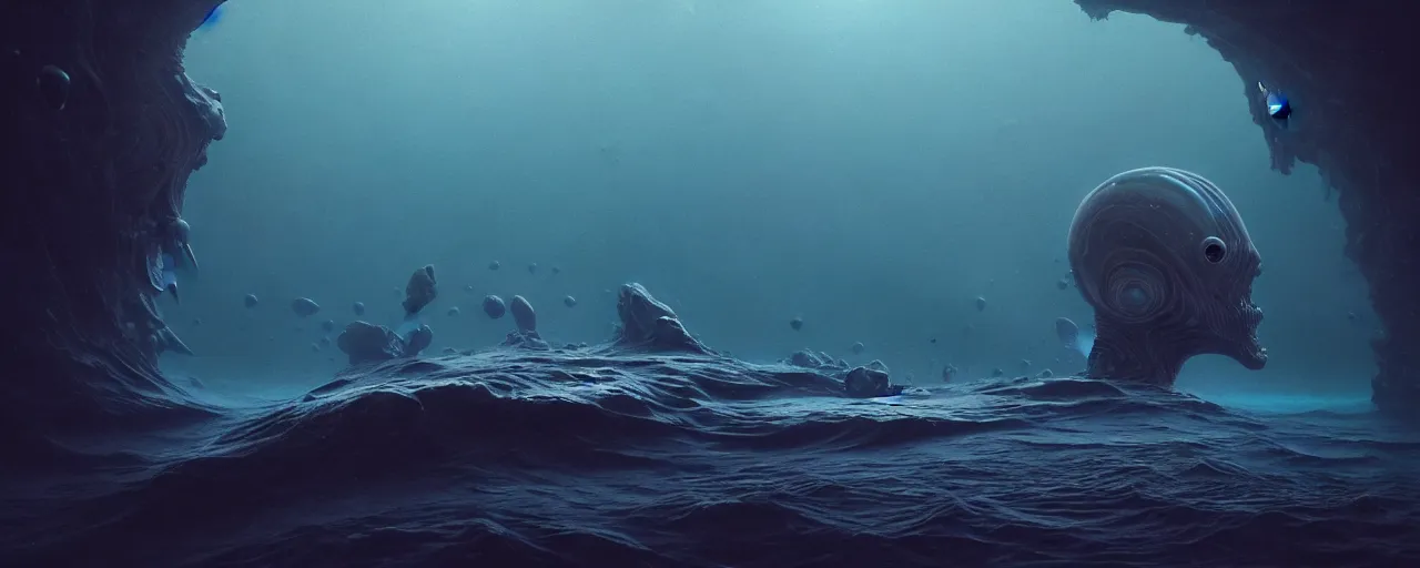 Prompt: ultra realistic horror photo of a dimly lit alien underwater landscape, very intricate details, focus, full frame image, high contrast, cgi render, artwork by tooth wu and wlop and beeple and greg rutkowski, award winning