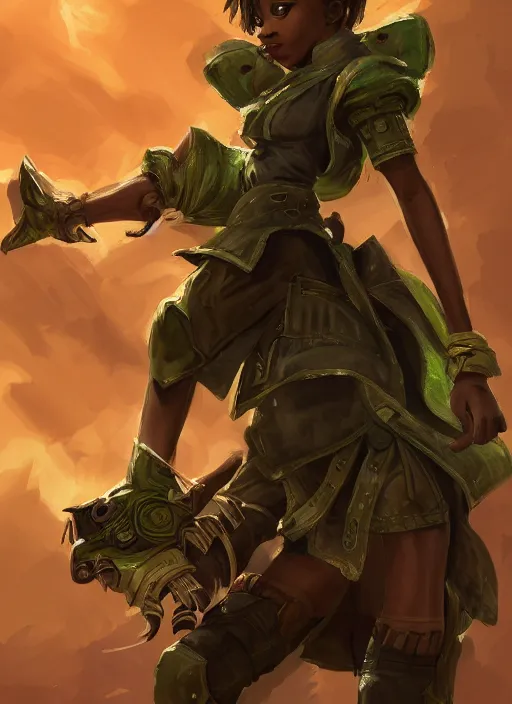 Image similar to a highly detailed illustration of cute african girl wearing military uniform and green officer cap riding on giant dog!!!, dramatic standing pose, perfect face, intricate, elegant, highly detailed, centered, digital painting, artstation, concept art, smooth, sharp focus, league of legends concept art, wlop