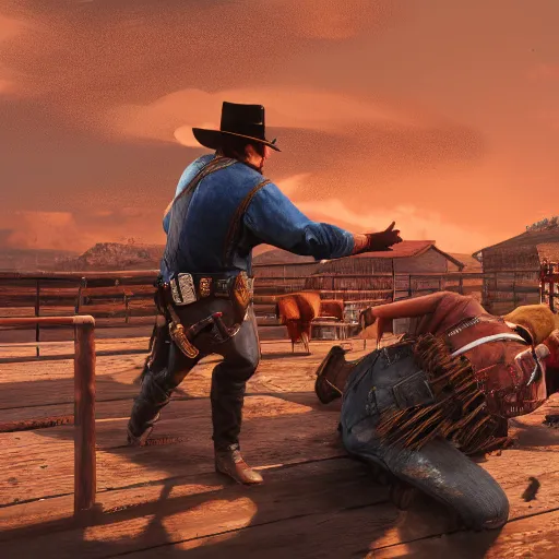 Image similar to a fight between 2 cowboys, in a saloon with broken furniture, in the style of rockstar red dead redemption 2, concept art, 8 k, trending on artstation, brushstrokes