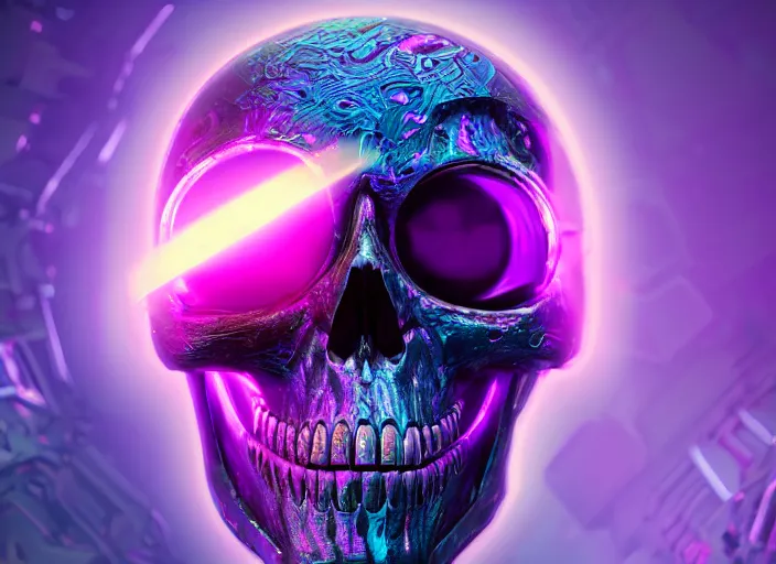 Image similar to a futuristic skull with glowing eyes and a purple background, cyberpunk art by android jones, behance contest winner, computer art, darksynth vaporwave, rendered in cinema 4 d