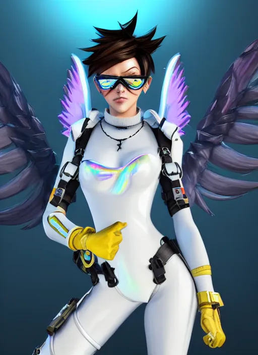 Image similar to portrait bust digital artwork of tracer overwatch, wearing white iridescent rainbow latex and leather straps catsuit outfit, 4 k, expressive happy smug expression, makeup, in style of mark arian, angel wings, wearing detailed black leather collar, chains, black leather harness, detailed face and eyes,
