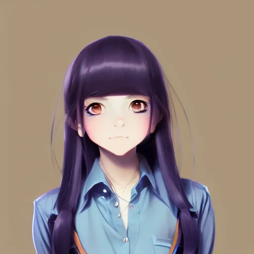 Image similar to urban school girl in shirt fanart, dark blue long hair, muted colors, matte print, pastel colors, ornate, digital art, cute smile, digital painting, fan art, elegant, pixiv, by Ilya Kuvshinov, by Studio Ghibli