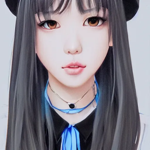 Image similar to realistic detailed semirealism beautiful gorgeous cute Blackpink Lalisa Manoban wearing school uniform, blue eyes blue iris, black hair black cat ears, black leather choker, proportional body, WLOP, Aztodio, Taejune Kim, sakimichan, ArtGerm, Pixiv, Instagram, Artstation