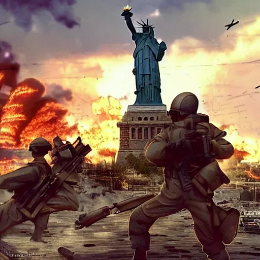 Image similar to The war between the Soviet Union and America, the action takes place in New York, far away against the background of the Statue of Liberty, a lot of soldiers and military equipment, a lot of explosions and tracer bullets, a lot of ruins, a very epic battle, The style of photography of the 80s, very detailed and detailed style
