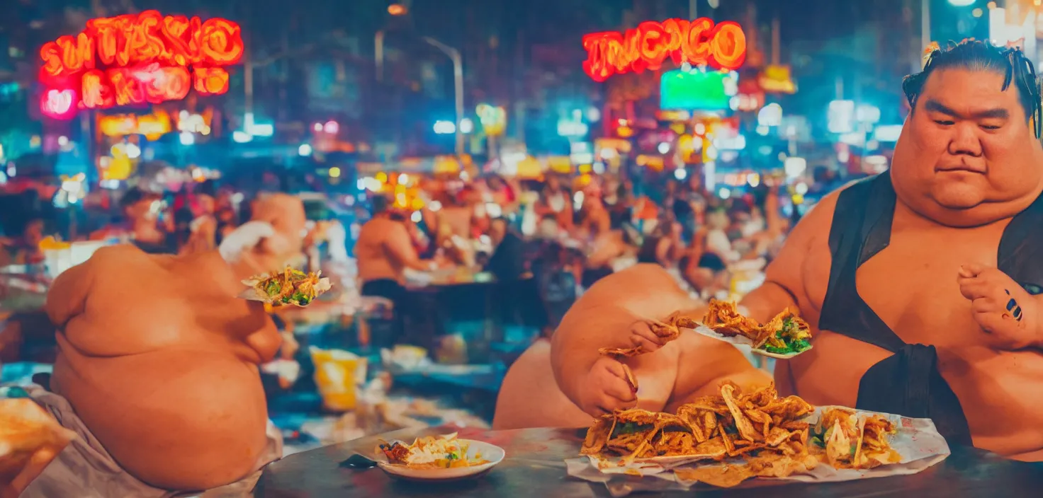 Image similar to sumo wrestler eating crispy tacos with hot sauce, photo realism, bokeh background, neon lights, city background, high definition, slr