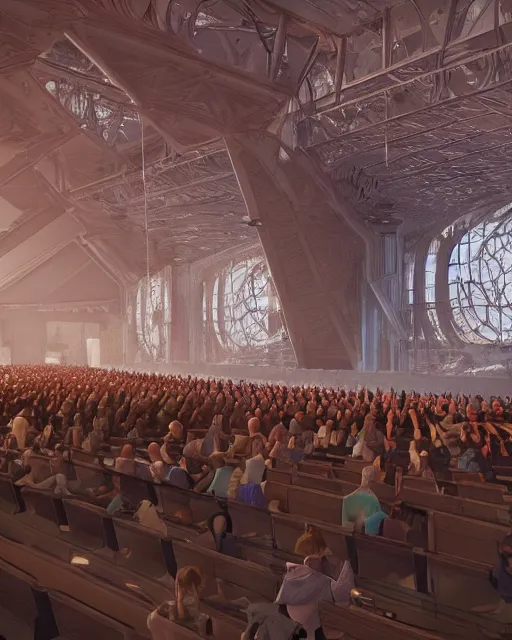 Image similar to crowd in a futuristic church, priest, pews, ethereal, inviting, bright, unreal engine, hyper realism, realistic shading, cinematic composition, realistic render, octane render, detailed textures, photorealistic, by craig mullins and moebius, wide shot