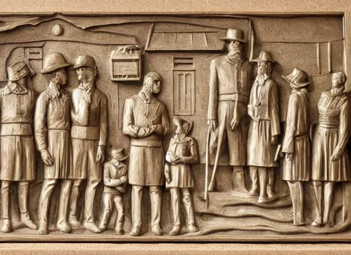 Image similar to intricate bas relief sculpture of mormon pioneers