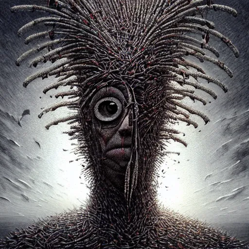 Image similar to horrifying mutant bird made of electricity fused with thousands of birds, thousand heads, mutilated, horror, blood, heavy damage, post apocalyptic, dystopian surrealism, grey, zdzisław beksinski, sad atmosphere, volumetric light, style giger, alex ries, symmetry accurate features, symmetry accurate features, very intricate details, high resolution, intricate