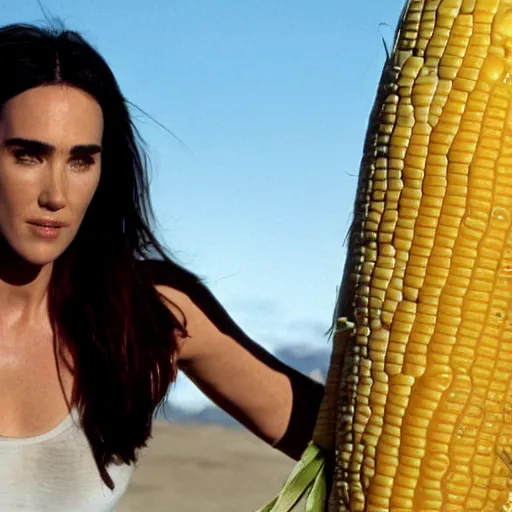 Image similar to jennifer connelly emerging from a giant piece of corn