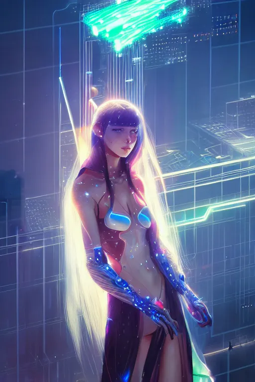 Image similar to portrait futuristic wizard Girl with thunder and fire sparkles and starlight, n future cyberpunk tokyo rooftop , ssci-fi, fantasy, intricate, very very beautiful, elegant, human anatomy, human structure, neon light, highly detailed, digital painting, artstation, concept art, smooth, sharp focus, illustration, art by tian zi and WLOP and alphonse mucha