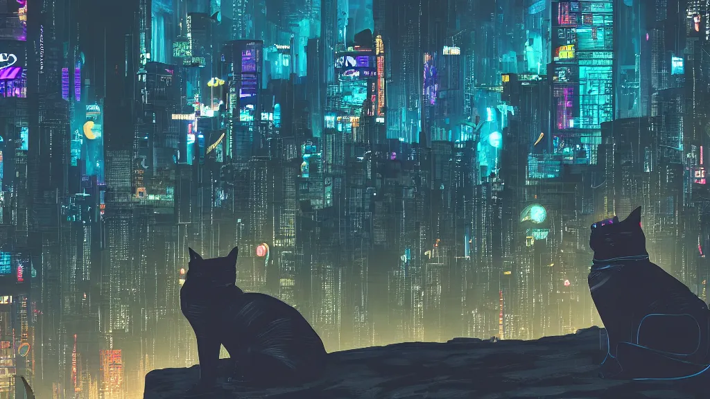 Prompt: a cyberpunk cat on a hill looking to a cyberpunk city wallpaper