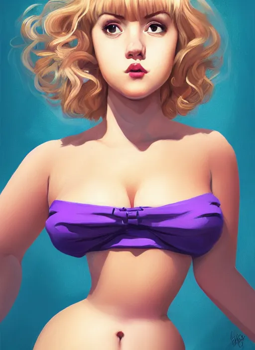 Image similar to full body portrait, teenage betty cooper, blonde hair, obese, bangs, ponytail, sultry, realistic, sultry smirk, fluffy bangs, curly bangs, fat, belly, beautiful girl, intricate, elegant, highly detailed, digital painting, artstation, concept art, smooth, sharp focus, illustration, art by wlop, mars ravelo and greg rutkowski