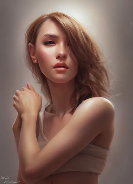 Image similar to high angle photo of a gorgeous young woman in the style of stefan kostic, realistic, sharp focus, 8 k high definition, insanely detailed, intricate, elegant, art by stanley lau and artgerm