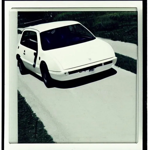 Prompt: a fiat uno in front of thousands of tesla vintage scratched white borders polaroid photo