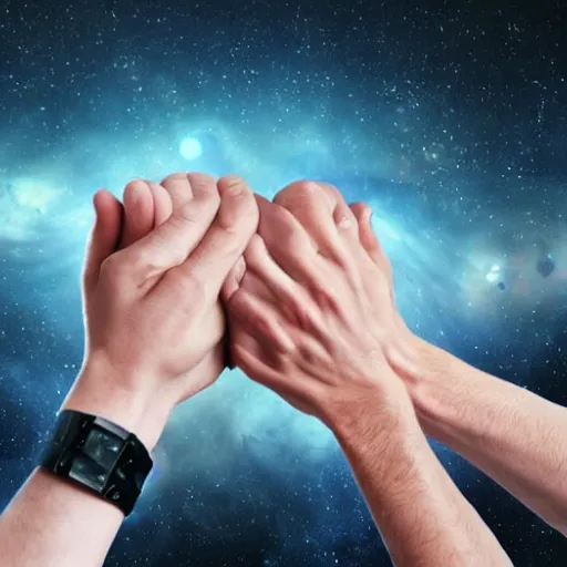 Prompt: two male hands trying to squeeze a galaxy, high details of hands, sci fi
