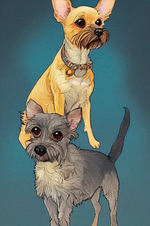 Prompt: a beautiful hyperdetailed illustration of tan chihuahua schnauzer mix, big mustache, mangy, cute, perfectly shaded, atmospheric lighting, style of studio ghibli, makoto shinkai, raphael lacoste, louis comfort tiffany, artgerm, james jean, victo ngai, ross tran, chinese style