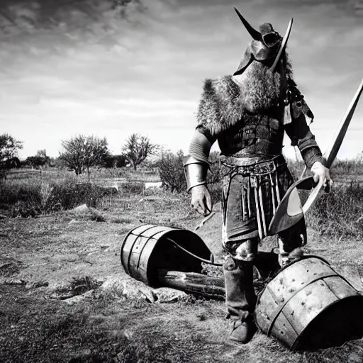 Image similar to viking in war armor working on the flying ancient device, tools and junk on the ground, old village in the distance, vintage old photo, black and white, sepia