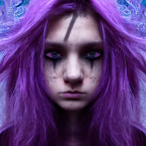 Image similar to detailed photo portrait of a furious teen girl with thin, hair-like purple tentacles on her head and bright purple eyes, 8k, trending on DeviantArt, face enhance,hyper detailed ,full of colour, dramatic lightning