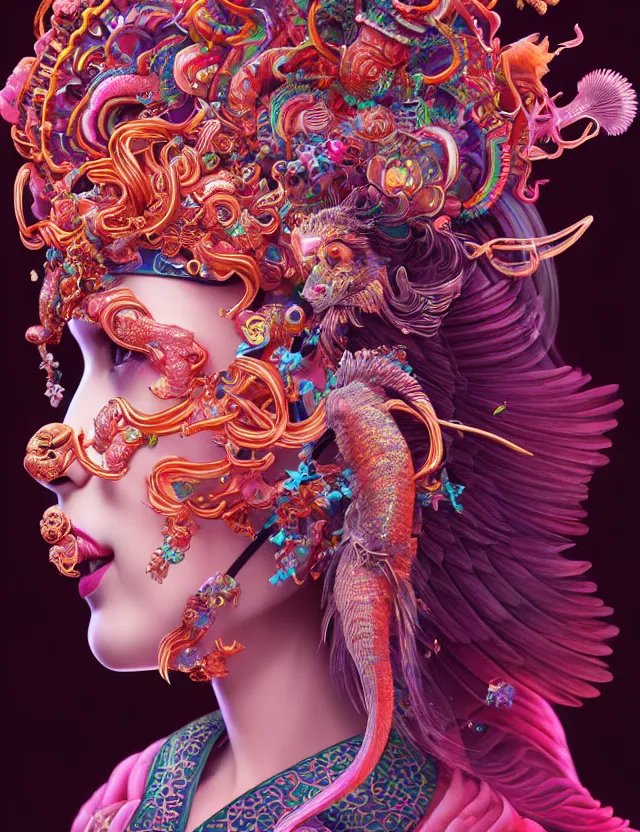 Image similar to 3 d goddess close - up profile portrait with crown, ram skull. beautiful intricately detailed neon japanese crow kitsune mask and clasical japanese kimono. betta fish, jellyfish phoenix, bio luminescent, plasma, ice, water, wind, creature, artwork by tooth wu and wlop and beeple and greg rutkowski