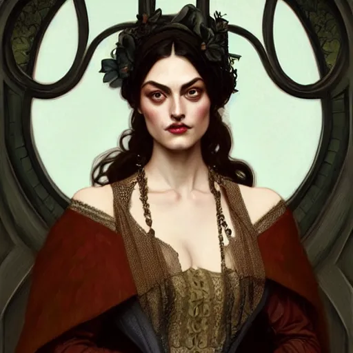 Image similar to Phoebe Tonkin dressed in Victorian fashion, D&D, fantasy, intricate, elegant, highly detailed, digital painting, artstation, concept art, matte, sharp focus, illustration, art by Artgerm and Greg Rutkowski and Alphonse Mucha