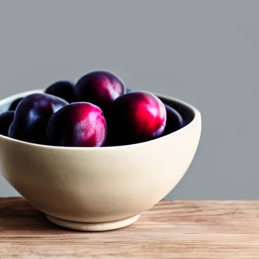 Prompt: photo of a thick porcelain bowl filled with a few moist freshly picked plums on a wooden table. volumetric lighting. 4 k. small scale. realistic.