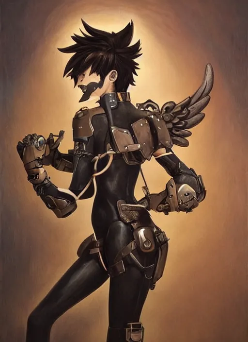 Image similar to full body artwork of tracer overwatch, wearing leather collar, in style of zdzisław beksinski, angel wings, dramatic painting, symmetrical composition, wearing detailed leather collar, black shiny armor, chains, black harness, detailed face and eyes,