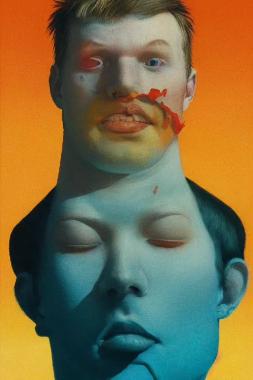 Prompt: a closeup portrait of a young icelandic man licking a blotter paper of LSD acid on his tongue and dreaming psychedelic hallucinations, by kawase hasui, moebius, Edward Hopper and James Gilleard, Zdzislaw Beksinski, Steven Outram colorful flat surreal design, hd, 8k, artstation