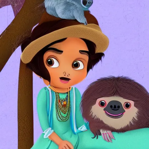 Prompt: a beautiful young indian cottagecore witch holds a cute sloth, disney animation, highly detailed