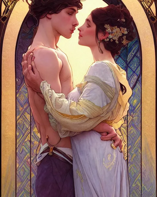 Image similar to the kiss | highly detailed | very intricate | art nouveau | gold filigree | romantic storybook fantasy | soft cinematic lighting | award - winning | watercolor painting by mandy jurgens and alphonse mucha and alena aenami | pastel color palette | featured on artstation