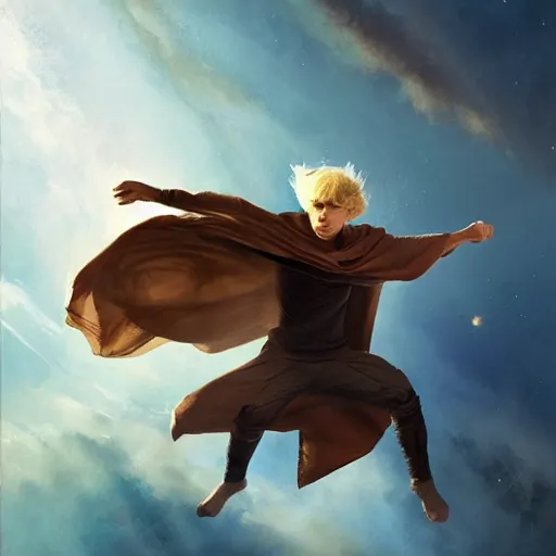 Image similar to blonde boy wearing a brown cape and flying in t pose, powerful, space background, oil painting, brush strokes, greg rutkowski