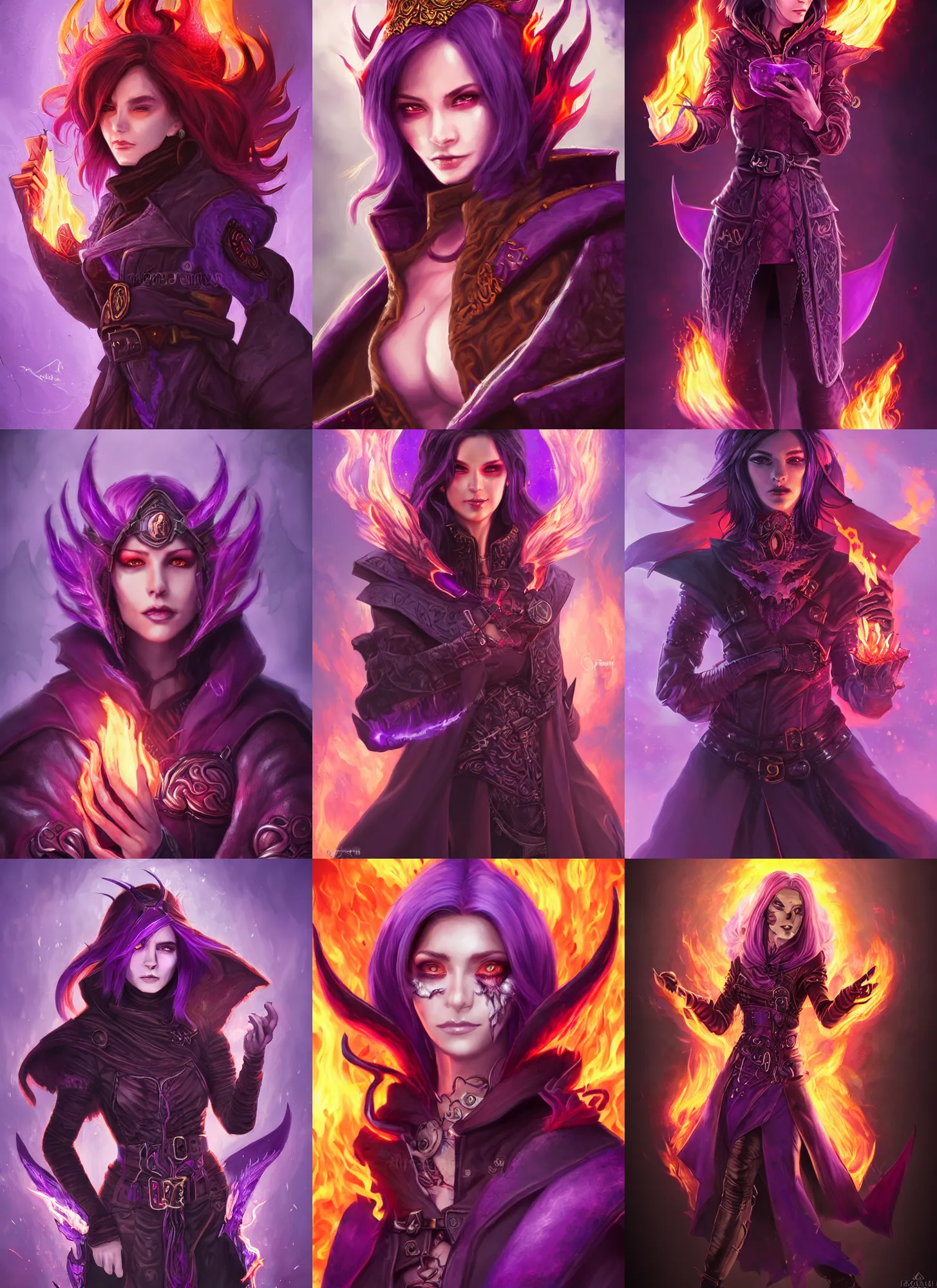 Prompt: portrait of a mix between necromancer and pyromancer, female, fire and death, purple fire, leather coat, high fantasy, dnd, face details, extremely detailed, smooth, sharp focus, digital illustration, by artgem, rossdraws, sakimichan