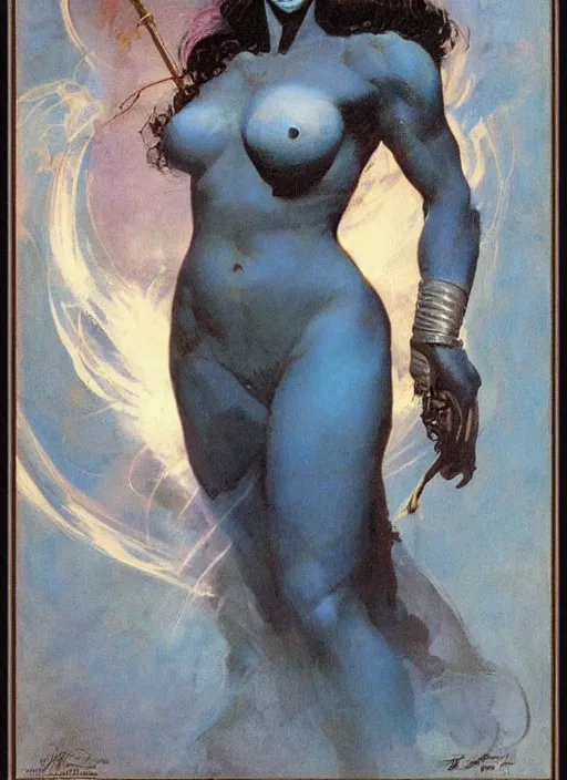 Image similar to portrait of mighty plump female sorceress, blue tiara, lightning halo, strong line, muted color, beautiful! coherent! by frank frazetta, by brom