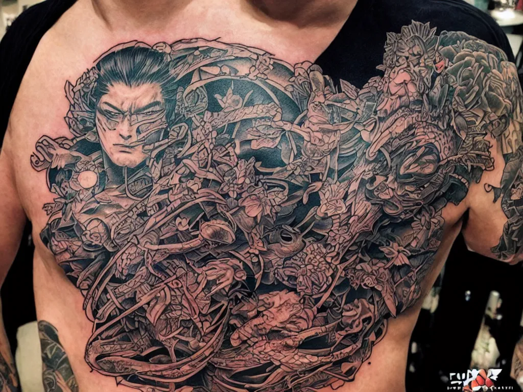 Image similar to Dan mumford designs of yakuza tattoos, by artgerm, greg rutkowski, dan mumford