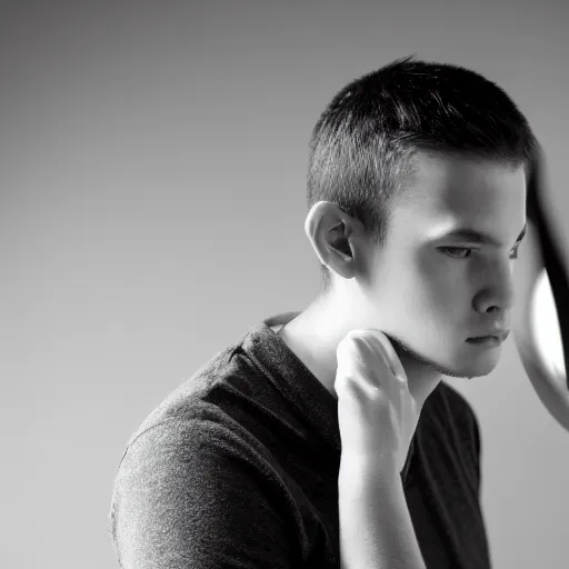 Image similar to young man looking deeply into a mirror, portrait studio, taken with canon eos, f 1. 4, soft diffused light, iso 2 0 0,